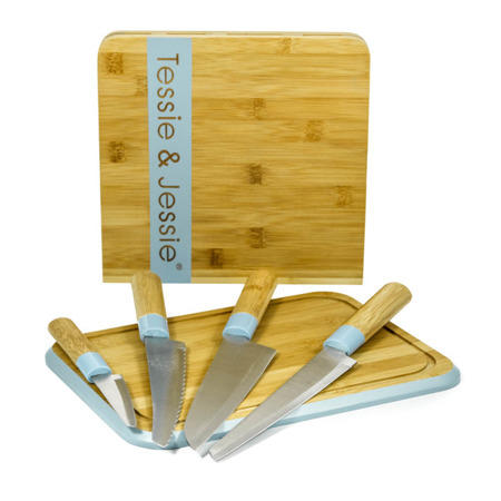 Zestaw 4 noży na stojaku z deską bambusową niebieski